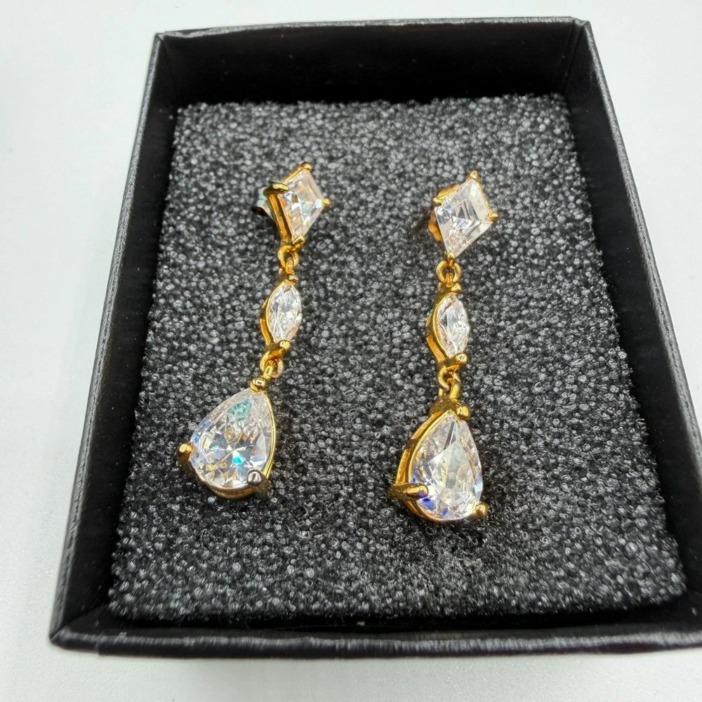 Gold Tone Clear Crystal CZ Long Drop Dangle Earrings Pear Marquise Kite Pierced